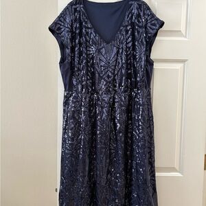 BloomChic Navy Sequin V-Neck Midi Dress